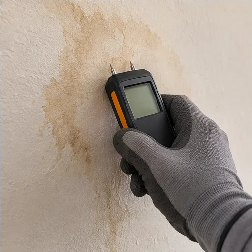 Recreación de una comprobación de humedad con un medidor sobre una pared manchada.