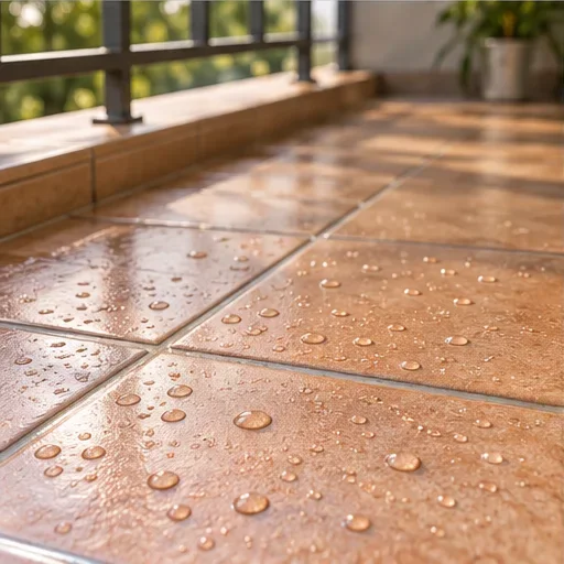 Recreación de baldosas de terraza con protección transparente y gotas sobre la superficie.