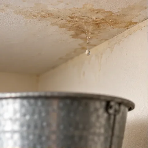 Recreación realista de una gotera: mancha en el techo, gotas de agua y un cubo debajo.