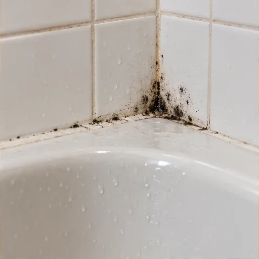 Recreación realista de moho negro en la junta entre una bañera y los azulejos del baño.
