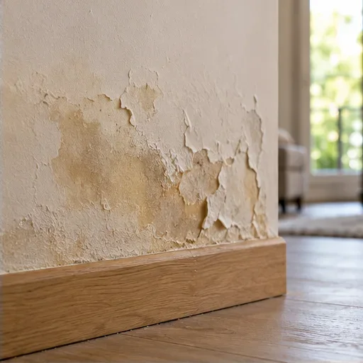 Recreación realista de una pared con manchas de humedad y pintura desconchada sobre el rodapié.