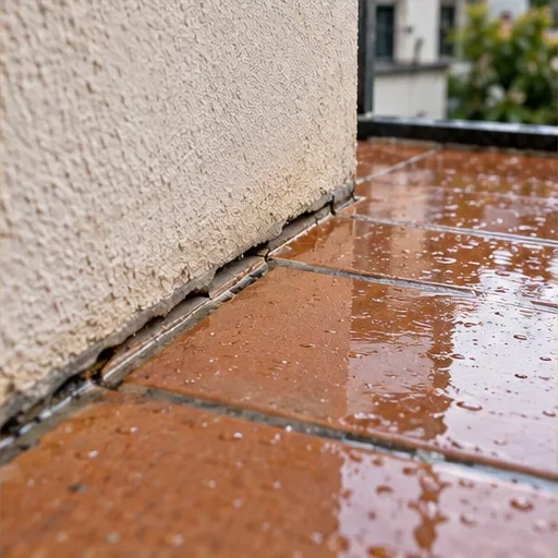 Recreación realista de una junta abierta entre una pared exterior y un suelo de terraza mojado.