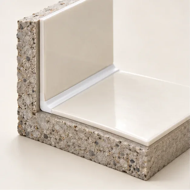 Modelo conceptual del encuentro entre pared y plato, con cordón de silicona y soporte.