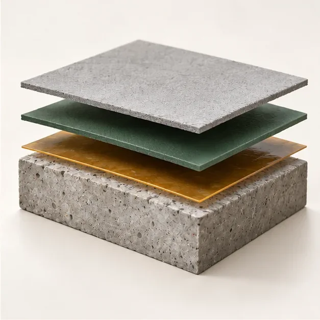 Modelo conceptual con soporte mineral, preparación, membrana y protección separados para explicar el sistema.